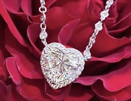 The romance of jewelry shows a diamond heart on a bed of red roses
